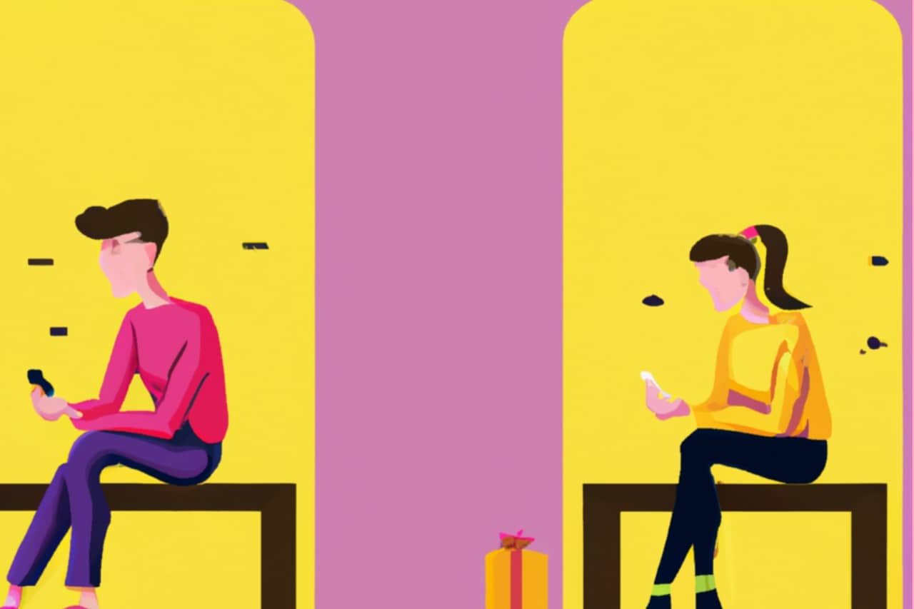 Illustration of two couples in distant relationship on a separate yellow background - What happens when you report someone on Hinge?
