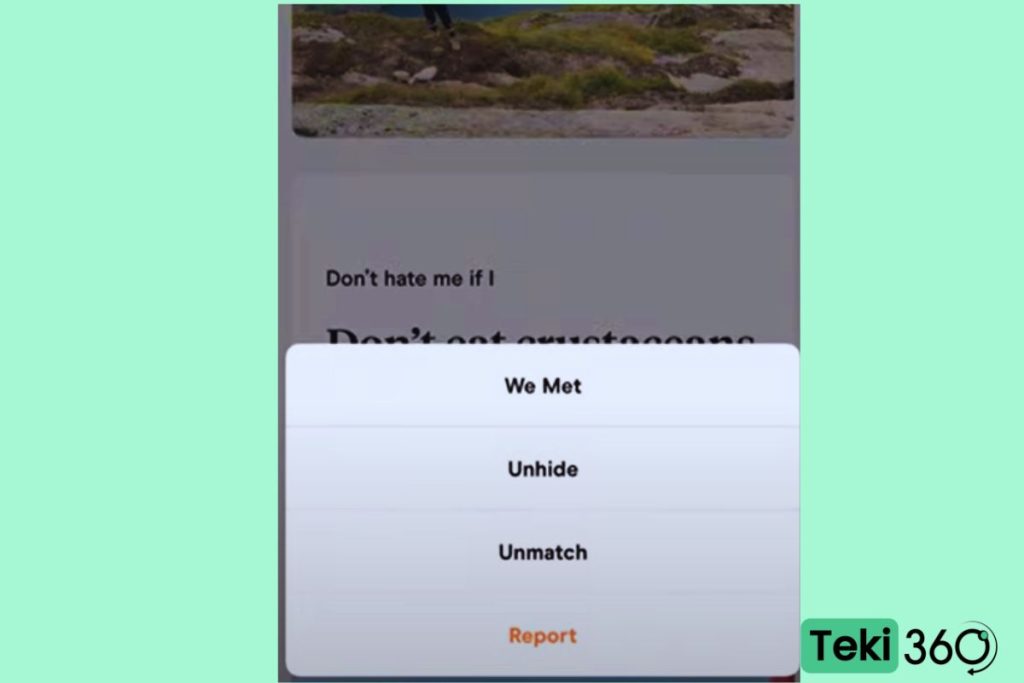 Screenshot of the unhide, we met, unmatch, and report feature | Removing someone on Hinge