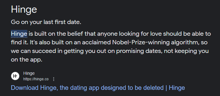A snapshot of hinge with the quote "The dating app designed to be deleted"