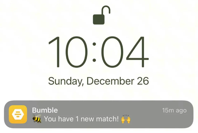 The match notification on Bumble after swiping left and right