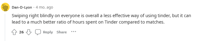 Reddit comment about Men swiping right on everyone and how it is a bad strategy