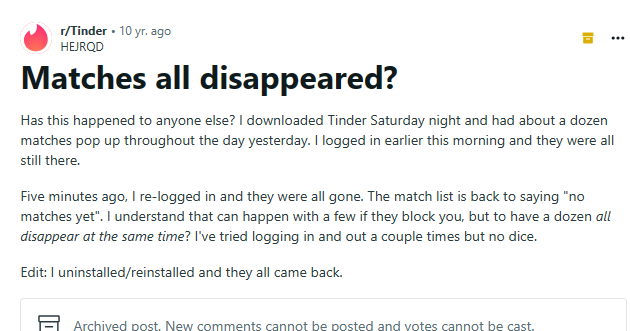 Reddit complaint about Tinder deleting all their messages